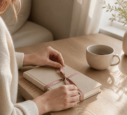 Hands tying a ribbon around a closed notebook beside a cup of coffee.